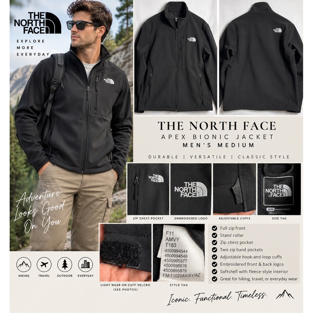 The North Face Apex Bionic Softshell Jacket Mens Medium Black AMVY T183